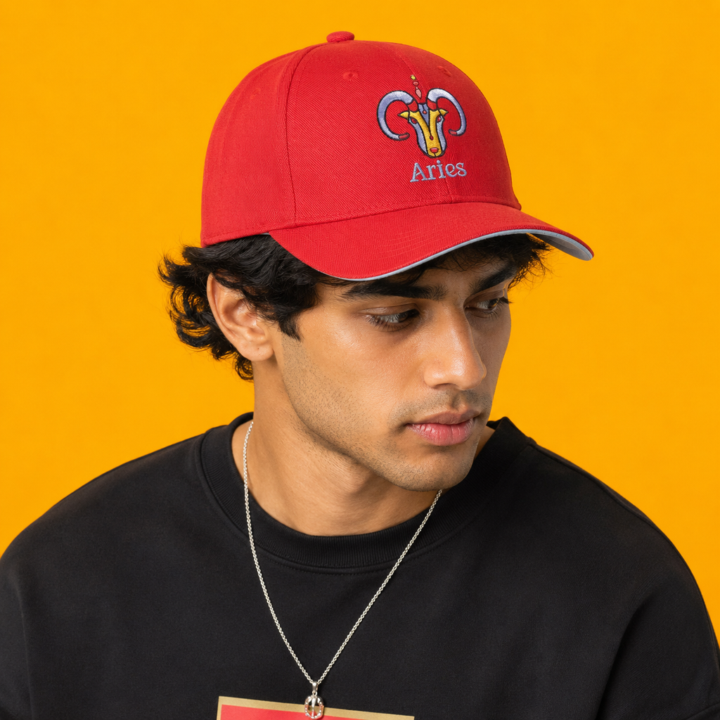 Aries Zodiac Embroidered Red Cap